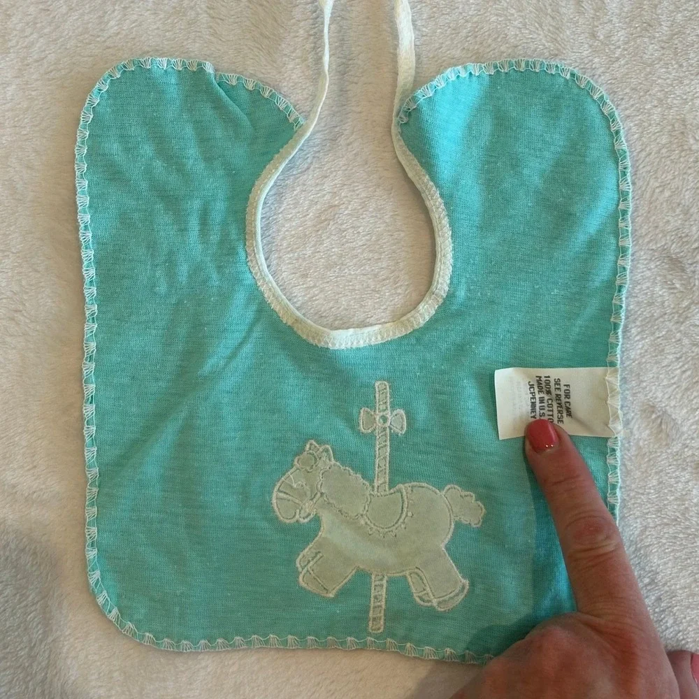 Vintage JCPenney Baby Bib Aqua Teal Cotton Carousel Horse Made in USA